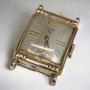 ELGIN Vtg Winding Deluxe 10k GRP Bezel 1940s Rectangular Watch Sub-Second Dial